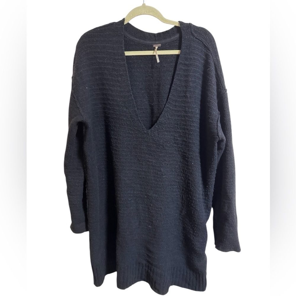 Free People Oversized Black Deep V Sweater Dress w/ Lace-Up Sides — Large